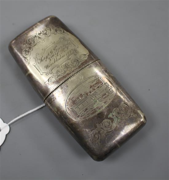 A Victorian plated cheroot case, engraved with steam trains and Wimbledon shooting prize inscription dated 1887 (3rd London Rifle Volun